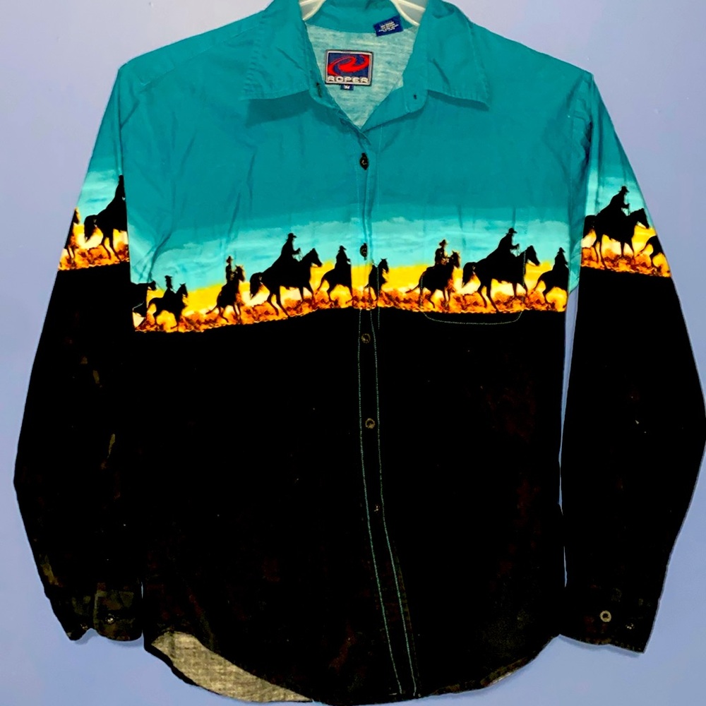Mens small Vintage Roper button up western cowboy snd horses sunset shirt